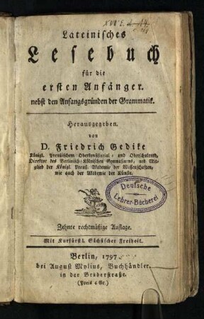 Lateinisches Lesebuch für die ersten Anfänger : nebst den Anfangsgründen der Grammatik