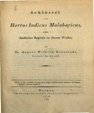 Schlüssel zum Hortus Indicus Malabaricus, oder dreifaches Register zu diesem Werke