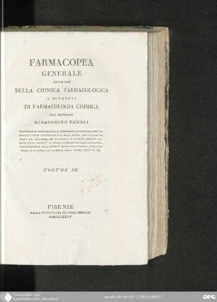 3: Farmacopea generale sulle Basi della Chimica farmacologica o Elementi di Farmacologia chimica