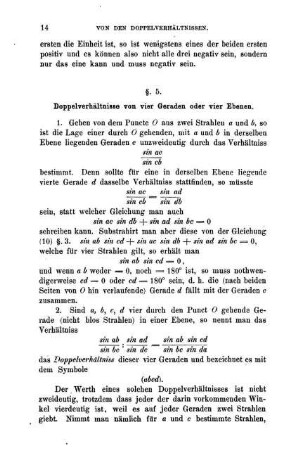 § 5. Doppelverhältnisse von vier Geraden oder vier Ebenen.