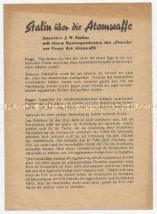 Flugblatt mit Auszügen aus einem Interview J.W. Stalins mit einem Korrespondenten der "Prawda" zur Frage der Atomwaffen
