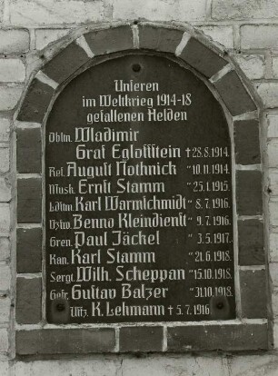 Gedenktafel für die Gefallenen des 1. Weltkrieges : Gedenktafel für die Gefallenen des 1. Weltkrieges (nach 1918). Kromlau, Friedhofskapelle
