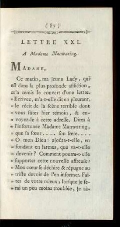 Lettre XXI. A Madame Manwaring.