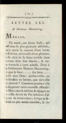 Lettre XXI. A Madame Manwaring.