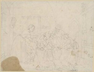 Zu Shakespeares "Die lustigen Weiber von Windsor", Blatt 6, 3. Akt, 3. Szene: Falstaff wird im Wäschekorb versteckt