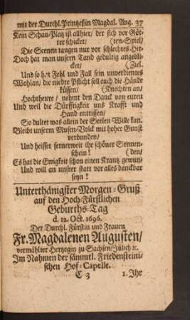 Unterthänigster Morgen=Gruß auf den Hoch=Fürstlichen Geburths=Tag d. 12. Oct. 1696. Der Durchl. Fürstin und ...