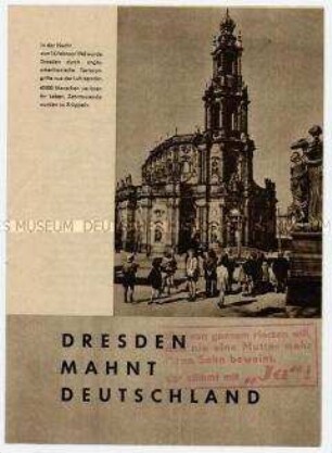 Illustrierter Aufruf zur Volksbefragung über Remilitarisierung und Friedensvertrag, im Gedenken an die Zerstörung Dresdens 1945