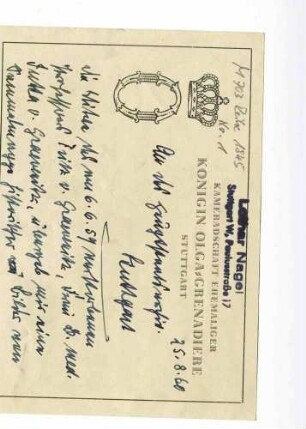 Handschreiben auf Papier mit Aufdruck von Herrn Lothar Nagels an das Hauptstaatsarchiv zur Verwahrung von Uniformblättern (Württ. Heer)