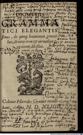 Diomedis grammatici elegantissimus de quinque locutionum generibus, de vitiis item & virtutibus orationis libellus