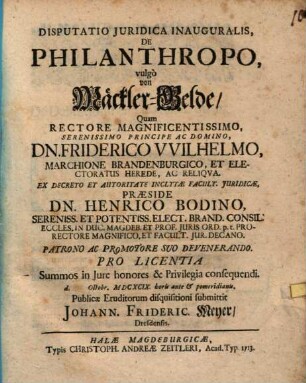 Disputatio juridica inauguralis, de philanthropo, vulgo von Mäckler-Gelde
