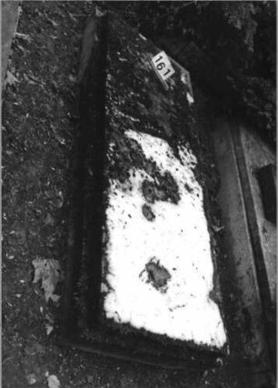 Grabstein 161 (Index: 100091492) Material: Granit Zustand: gut Maße HxBxT: 200x80x40 cm Beschreibung: Grabplatte auf erhöhter Grabeinfassung: Grabstein 161
