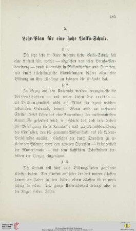5. Lehr=Plan für eine hohe Volks=Schule