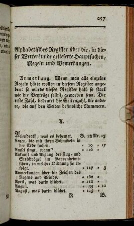 Alphabetisches Register über die, in dieser Wetterkunde gelieferte Hauptsachen, Regeln und Bemerkungen.