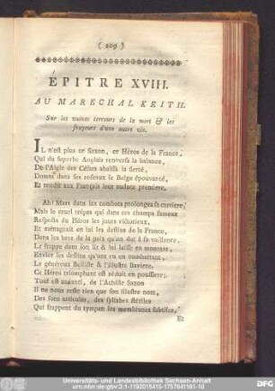 Épitre XVIII. Au Marchal Keith. Sur les vaines terreurs de la mort & les frayeurs d`'une autre vie.