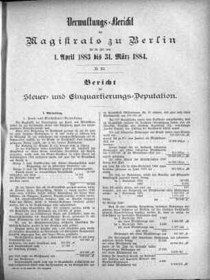No. III. Bericht der Steuer- und Einquartierungs-Deputation
