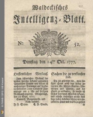 No. 52. Dienstag den 14ten Oct. 1777