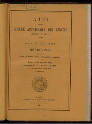 Seduta del 16 Dicembre 1894. Volume III. - Fascicolo 12.