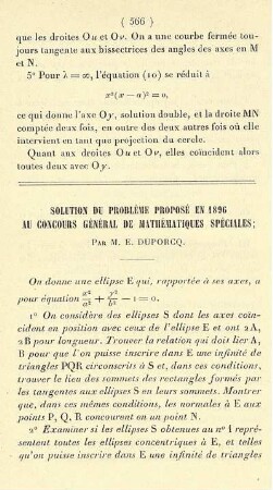 Solution du problème proposé en 1896 au concours général de mathématiques spéciales.