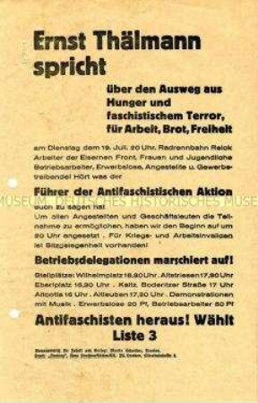 Aufruf der KPD zu einer Wahlkundgebung mit Ernst Thälmann in Dresden