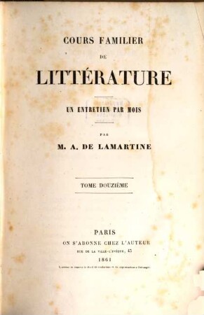 Cours familier de littérature : un entretien par mois, Tome douzième
