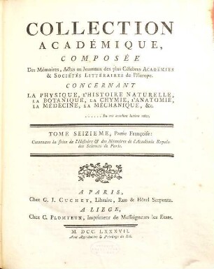Collection académique : Composée des mémoires, actes ou journaux des plus célèbres académies et sociétés littéraires ... concernant l'histoire naturelle et la botanique, la physique expérimentale et la chymie ..., 6