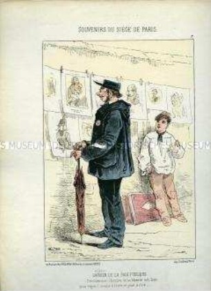 Karikatur, Pariser Ordnungshüter betrachtet Karikaturen Napoleon III, Frankreich 1870. Tafel 2 aus: Souvenirs du Siège de Paris. Les Défenseurs de la Capitale.