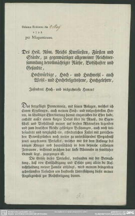 Dictatum Ratisbonae die 1798 per Moguntinum : [Anschreiben zu einem Promemoria]; [Hanau, den 2ten April 1798]