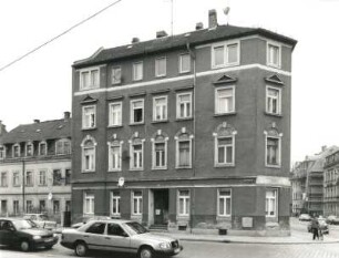 Dresden-Pieschen. Wohnhaus, Robert-Matzke-Straße 2/Ecke Leisniger Straße. Eckansicht