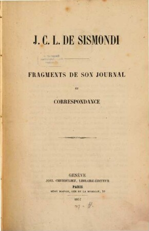 Fragments de son journal et correspondance