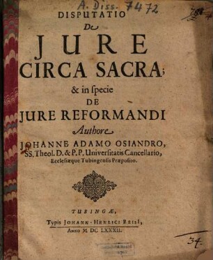 Disputatio De Jure Circa Sacra; & in specie De Jure Reformandi