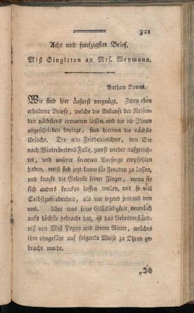 Acht und funfzigster Brief. Miß Singleton an Mrs. Weymann.