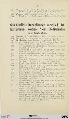 Geschichtliche Darstellungen verschied. Art, Karikaturen, Kostüme, Sport, Medizinisches und dergleichen (Nr. 1514-1619)
