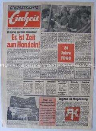 Propagandazeitung aus der DDR für die Gewerkschafter in der Bundesrepublik mit Polemik gegen die "Notstandsdiktatur" in der Bundesrepublik und zum 20. Jahrestag des FDGB