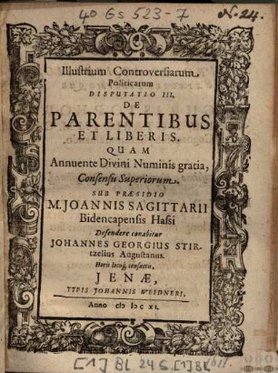 Illustrium Controversiarum Politicarum Disputatio III. De Parentibus Et Liberis