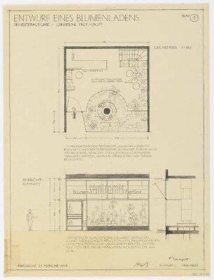 Studienarbeiten: Blumenladen, Grundriss, Schnitt 1:50