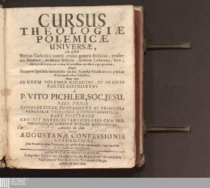 Cursus Theologiæ Polemicæ Universæ : In Quo Veritas Catholica contra omnis generis Infideles, præsertim Hæreticos, modernos Sectarios, speciatim Lutheranos, brevi, clara, solidáque, nimirum Scholastica methodo proponitur, Nuper Per parva Opuscula interpolatis vicibus Augustæ Vindelicorum publicis Concertationibus subjectus, Nunc verò In Unum Volumen Redactus, Et In Duas Partes Distributus