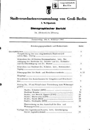 Nr. 14, 6. Februar 1947, Ordentliche Sitzung