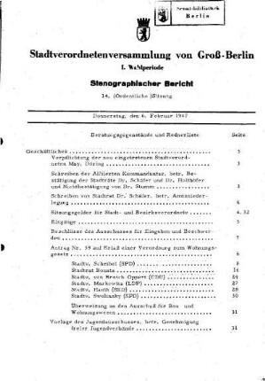 Nr. 14, 6. Februar 1947, Ordentliche Sitzung