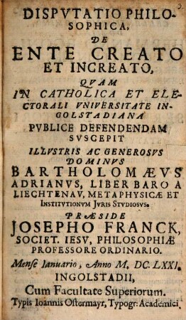 Dispvtatio Philosophica, De Ente Creato Et Increato