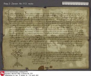 1421, Oktober 3 b) Notariatsinstrument über die Verleihung der Pfarre zu He[e]slingen an den Priester Nikolaus Browel durch den Propst Ortgies von Zeven [Notarszeichen des Timme Schele] Regest: Von Hodenberg, Zevener UB Nr. 108