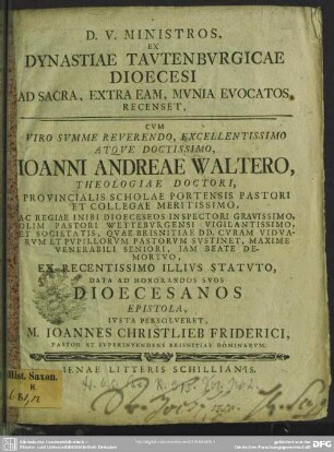 Ministros, Ex Dynastiae Tautenburgicae Dioecesi Ad Sacra, Extra Eam, Munia Evocatos, Recenset