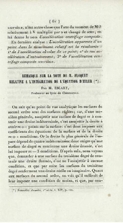 Remarque sur la note de M. Floquet relative a l'intégration de l'équation d'Euler.