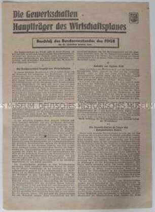 Flugblatt mit dem Wortlaut des Beschlusses des FDGB-Bundesvorstandes zur Rolle der Gewerkscharten in der Planwirtschaft
