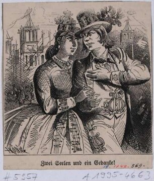 Karikatur zum Ersten Deutschen Sängerbundfest in Dresden 1865: "Zwei Seelen und ein Gedanke!"