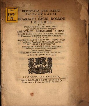 Disp. iuris publ. inaug. de vicariatu Sacri Romani Imperii