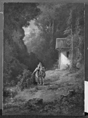 Stelldichein des Jägers mit der Sennerin vor der Waldkapelle
