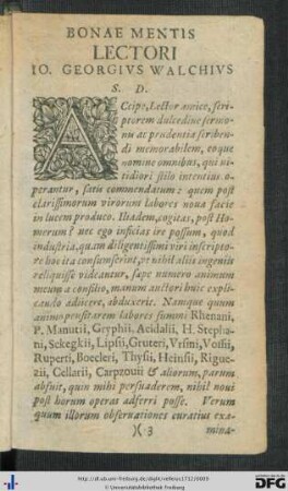Bonae Mentis Lectori Io. Georgius Walchius S. D.