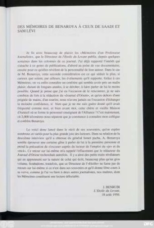 Des Mémoires De Benaroya à Ceux De Saadi Et Sam Lévi