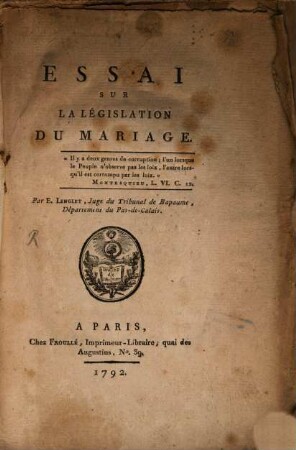 Essai sur la législation du mariage