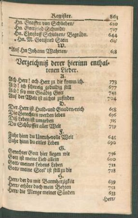 Verzeichniß derer hierinn enthaltenen Lieder.